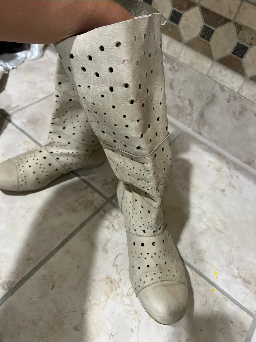 Women’s Cream Perforated Mid-Calf Boots